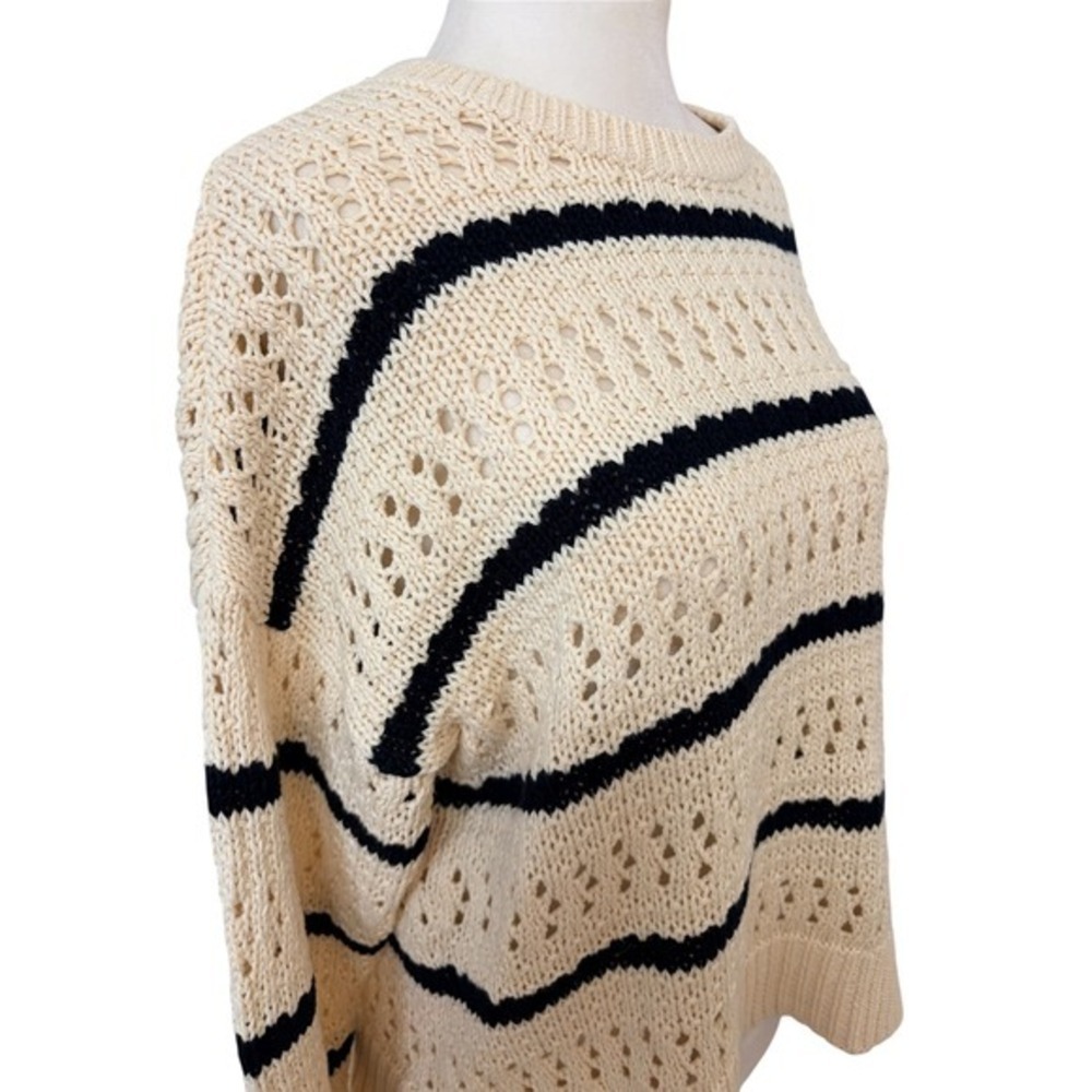 Reitmans Cream Navy Blue Medium Striped Pointelle Knit Cotton Sweater‎ - Picture 3 of 8